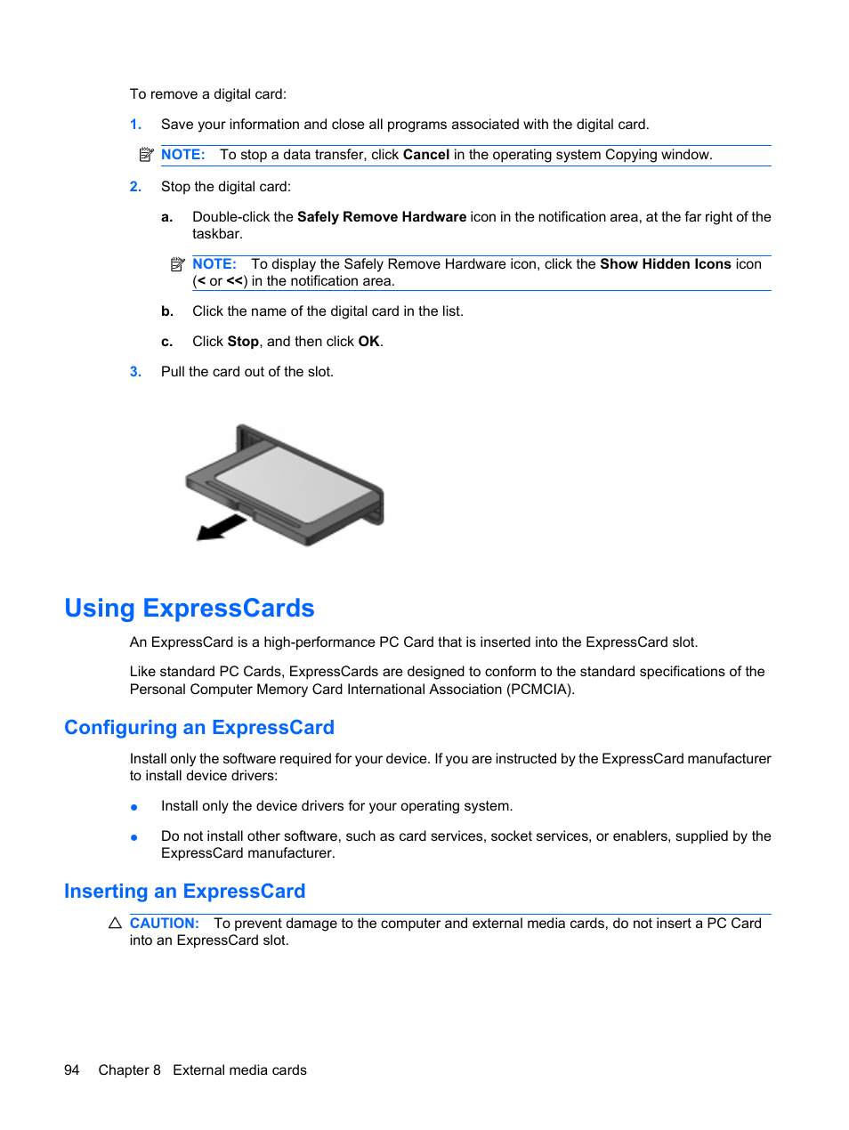 Using expresscards, Configuring an expresscard, Inserting an expresscard | HP EliteBook 2540p Notebook PC User Manual | Page 106 / 173