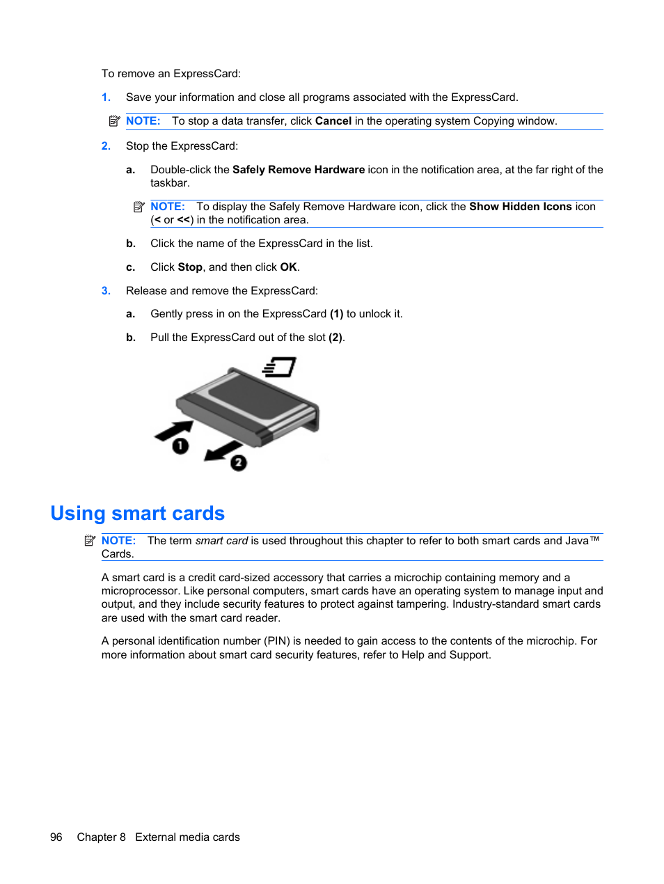 Using smart cards | HP EliteBook 2540p Notebook PC User Manual | Page 108 / 173