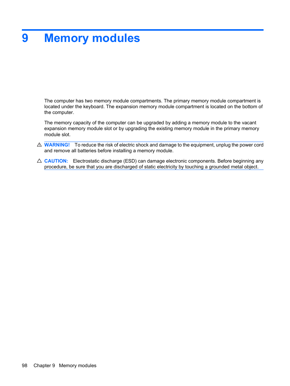 Memory modules, 9 memory modules | HP EliteBook 2540p Notebook PC User Manual | Page 110 / 173