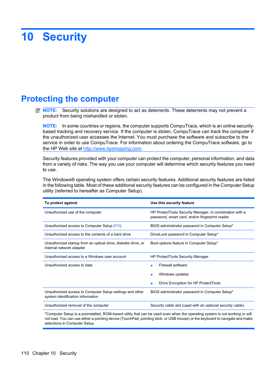 Security, Protecting the computer, 10 security | HP EliteBook 2540p Notebook PC User Manual | Page 122 / 173