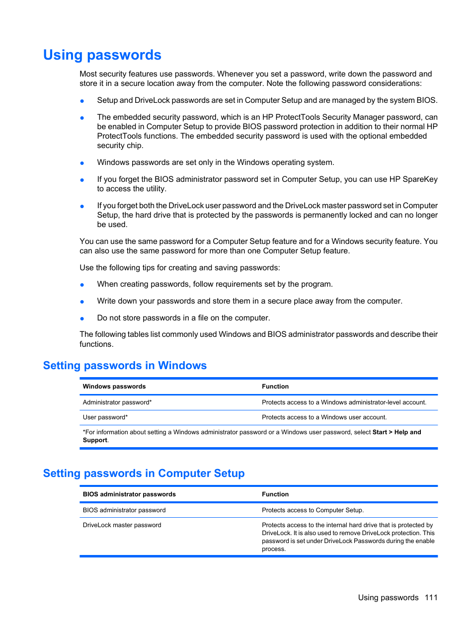 Using passwords, Setting passwords in windows, Setting passwords in computer setup | HP EliteBook 2540p Notebook PC User Manual | Page 123 / 173