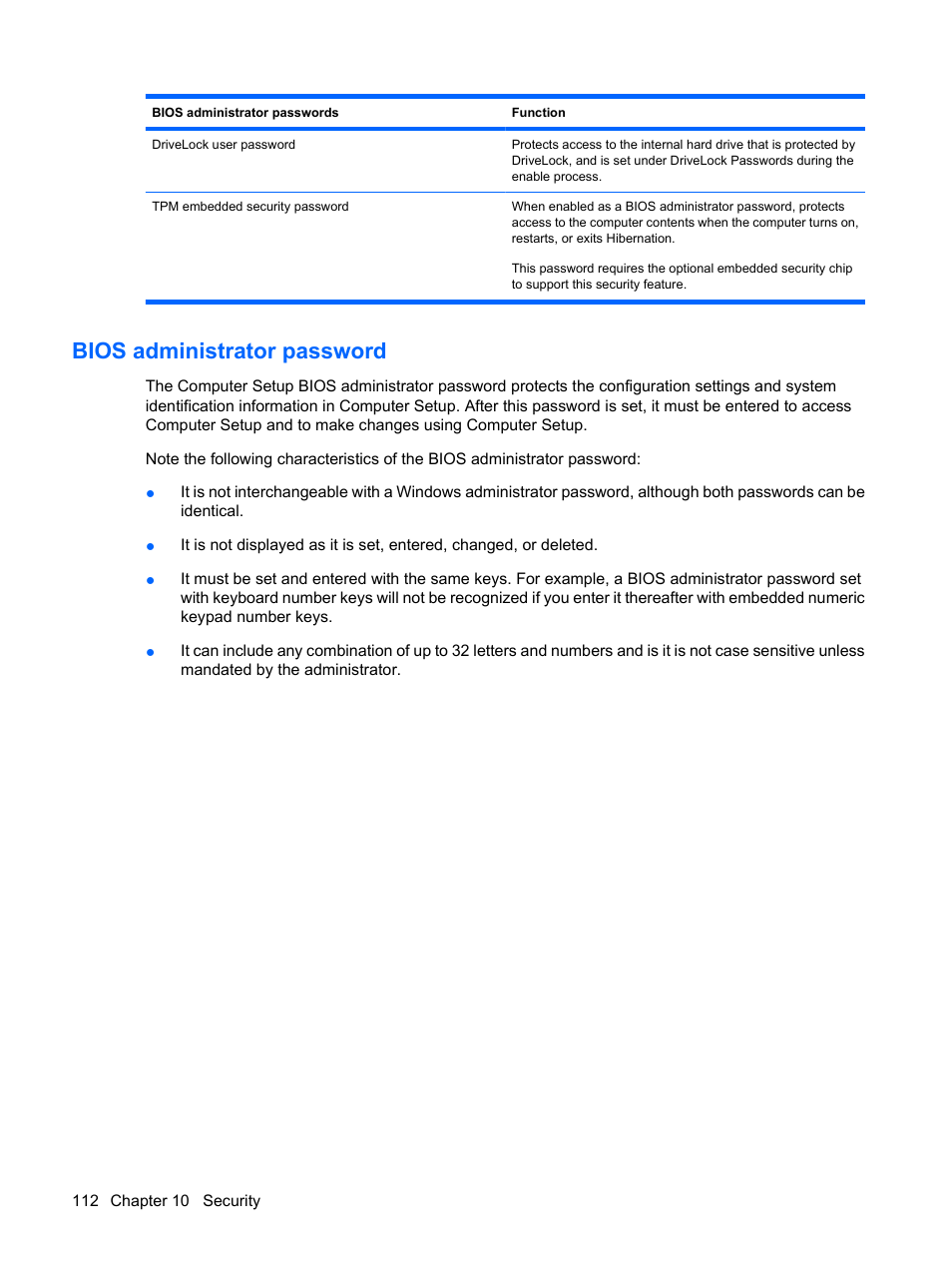 Bios administrator password | HP EliteBook 2540p Notebook PC User Manual | Page 124 / 173