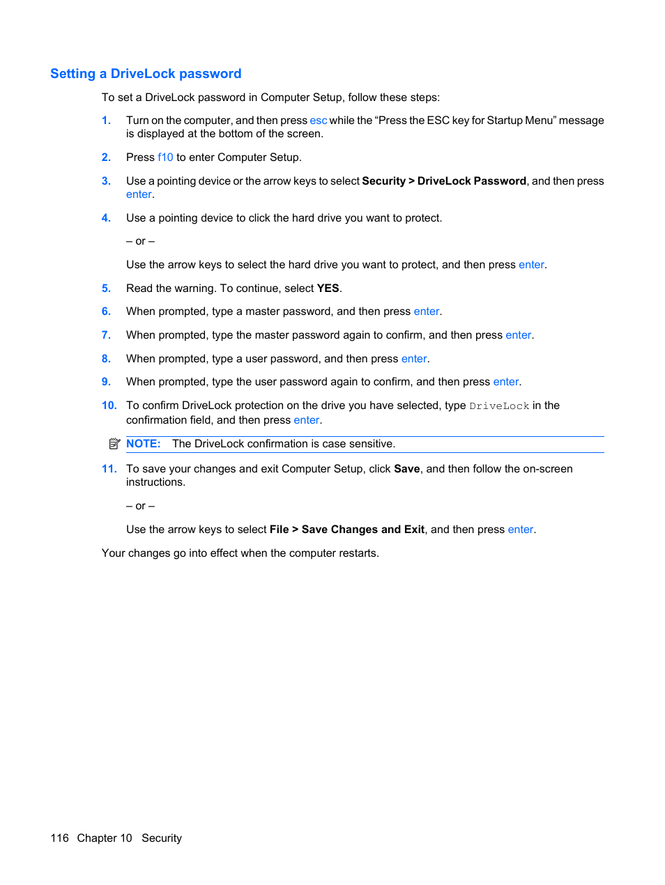 Setting a drivelock password | HP EliteBook 2540p Notebook PC User Manual | Page 128 / 173