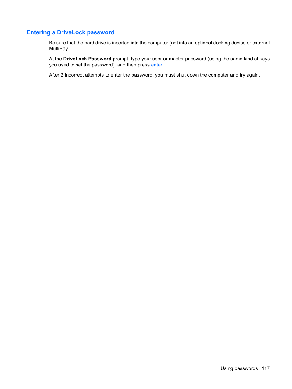Entering a drivelock password | HP EliteBook 2540p Notebook PC User Manual | Page 129 / 173