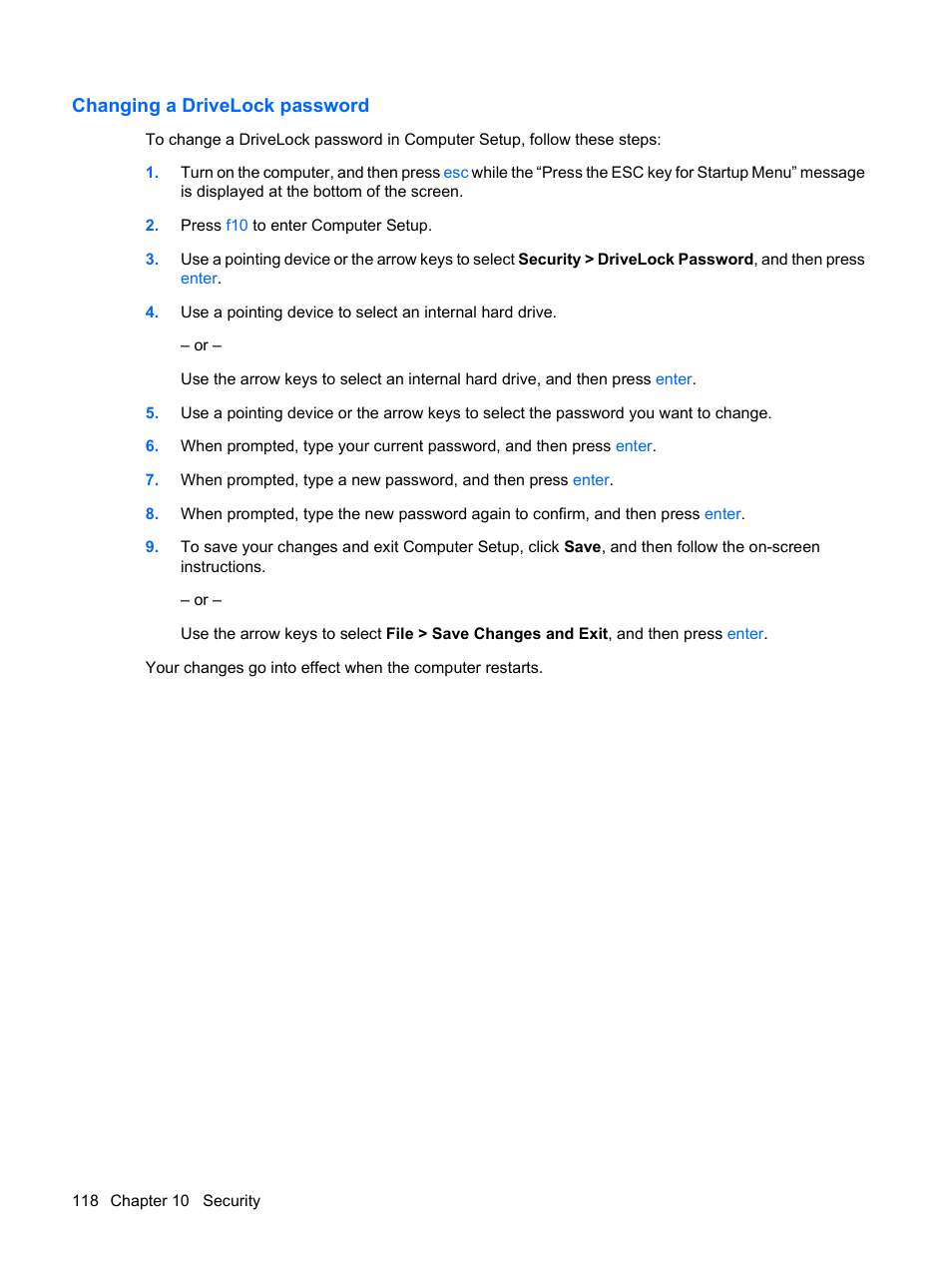Changing a drivelock password | HP EliteBook 2540p Notebook PC User Manual | Page 130 / 173