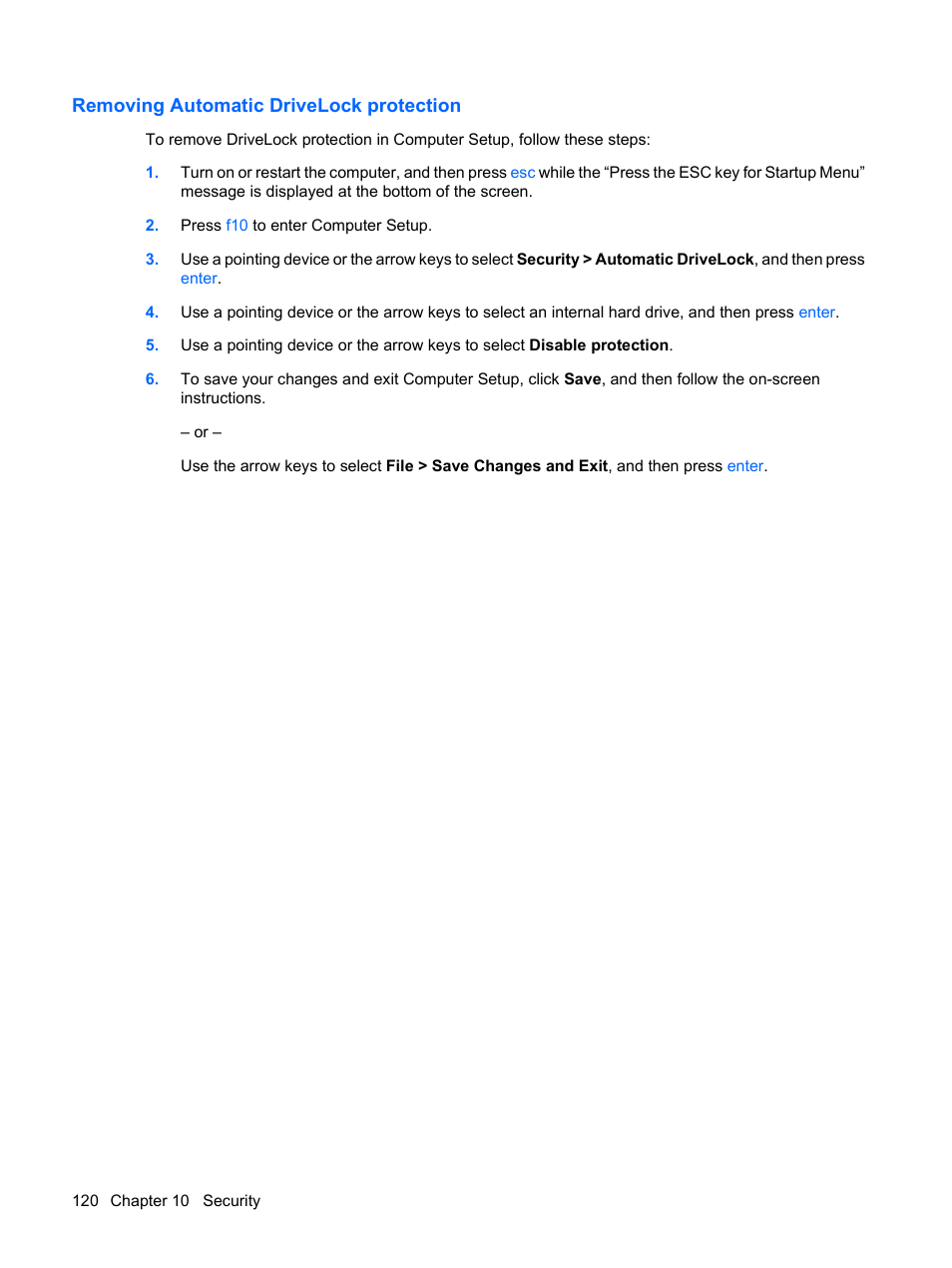 Removing automatic drivelock protection | HP EliteBook 2540p Notebook PC User Manual | Page 132 / 173