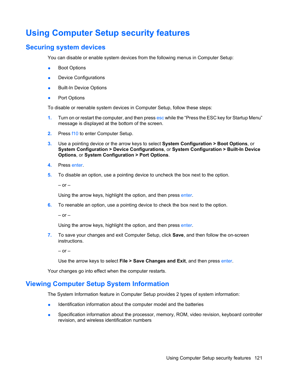 Using computer setup security features, Securing system devices, Viewing computer setup system information | HP EliteBook 2540p Notebook PC User Manual | Page 133 / 173