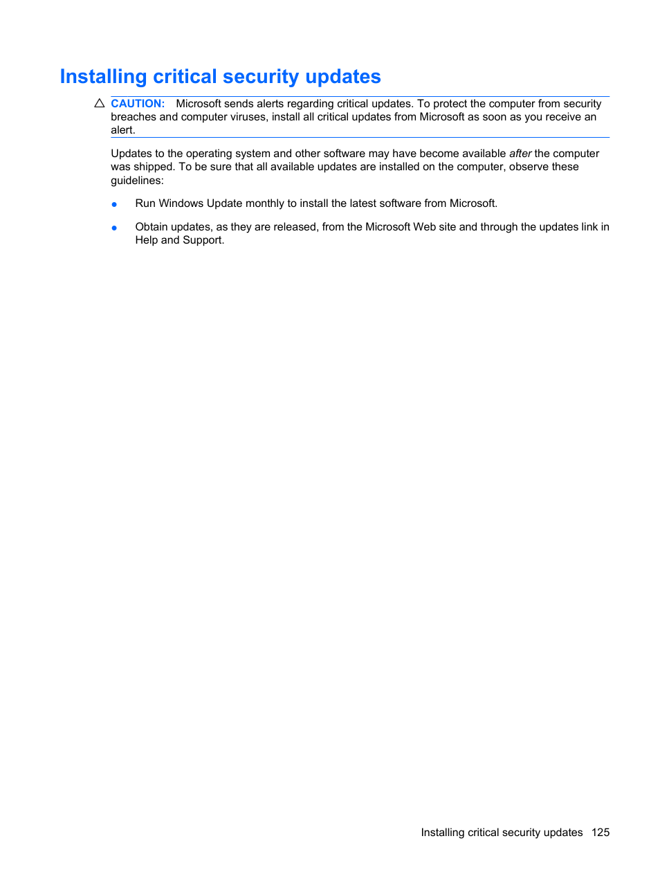 Installing critical security updates | HP EliteBook 2540p Notebook PC User Manual | Page 137 / 173