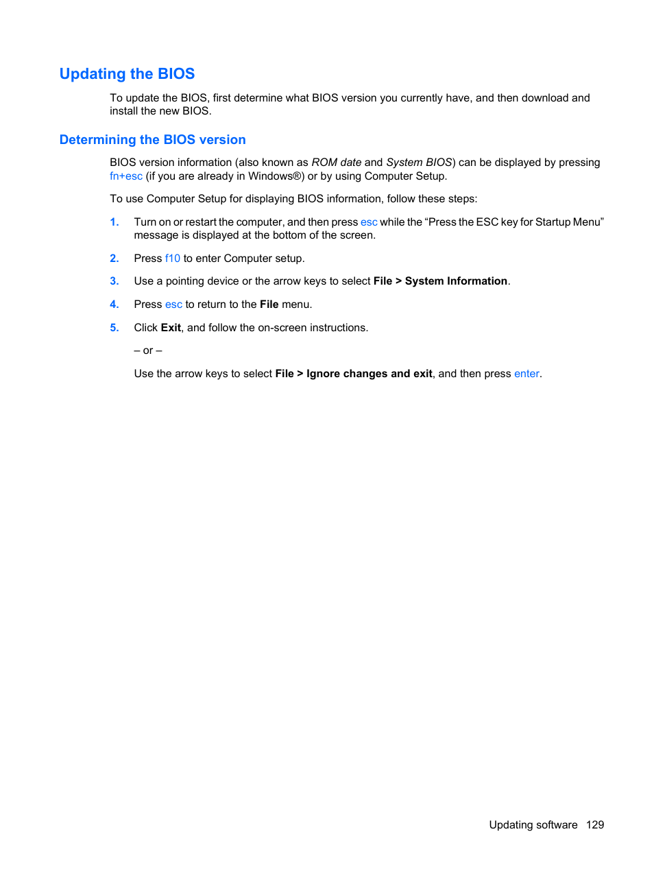 Updating the bios, Determining the bios version | HP EliteBook 2540p Notebook PC User Manual | Page 141 / 173