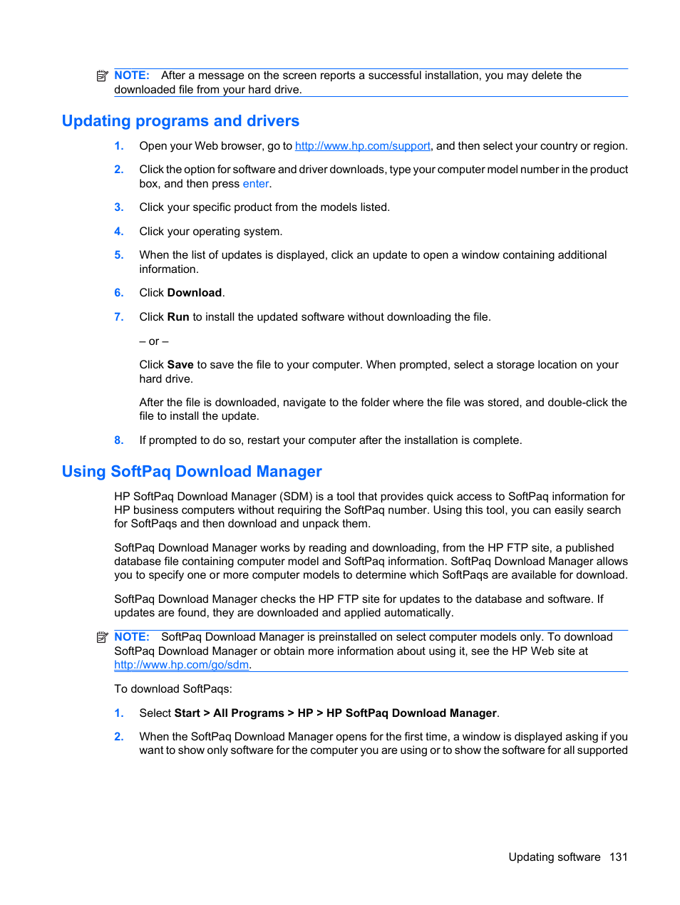 Updating programs and drivers, Using softpaq download manager | HP EliteBook 2540p Notebook PC User Manual | Page 143 / 173
