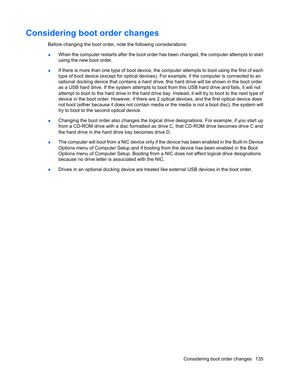 Considering boot order changes | HP EliteBook 2540p Notebook PC User Manual | Page 147 / 173