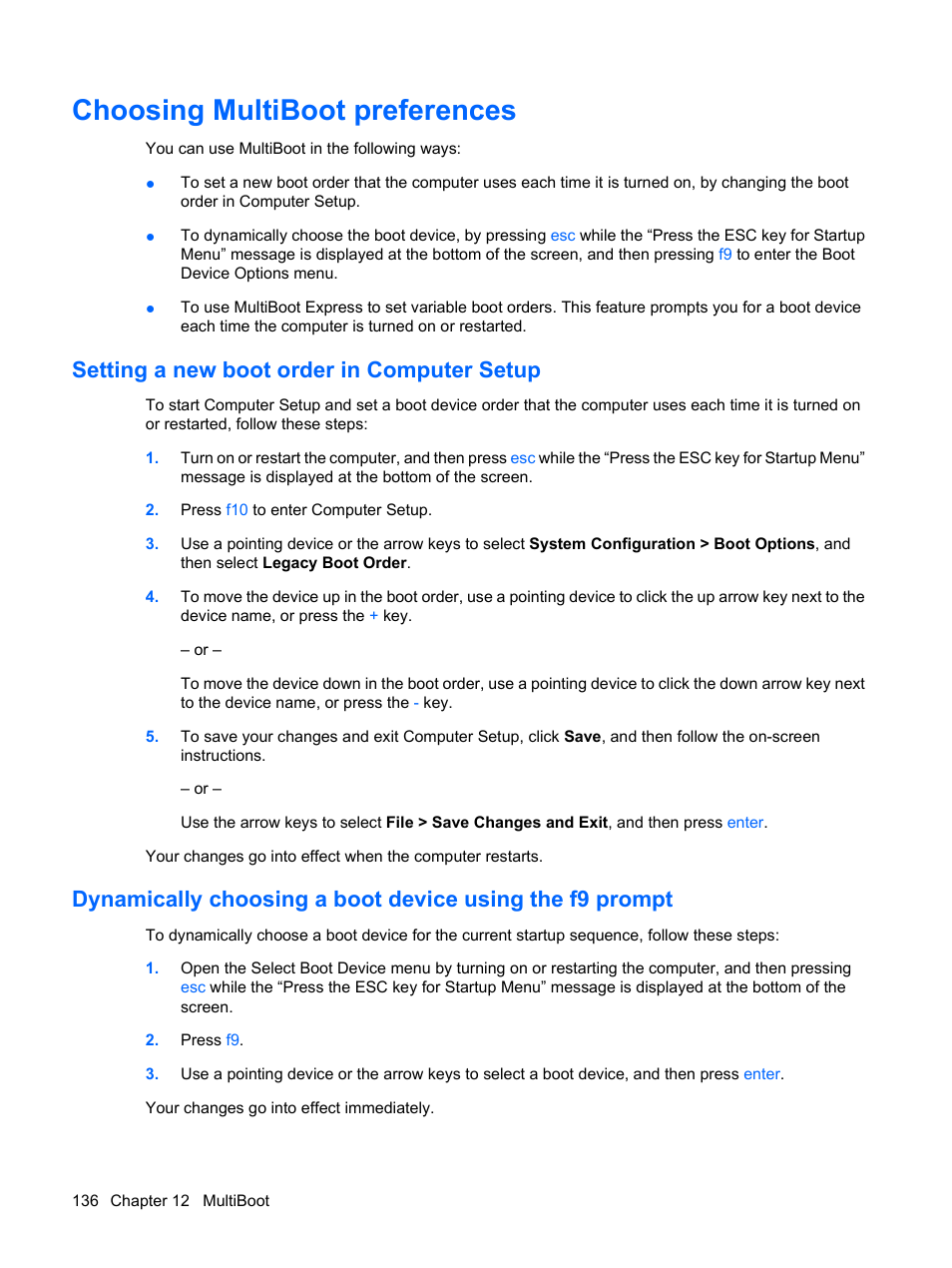 Choosing multiboot preferences, Setting a new boot order in computer setup | HP EliteBook 2540p Notebook PC User Manual | Page 148 / 173