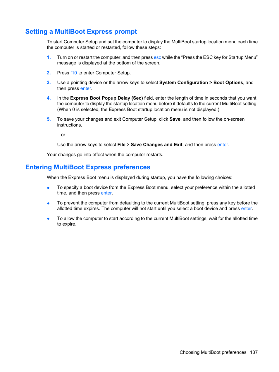 Setting a multiboot express prompt, Entering multiboot express preferences | HP EliteBook 2540p Notebook PC User Manual | Page 149 / 173