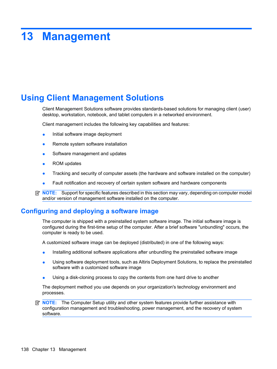 Management, Using client management solutions, Configuring and deploying a software image | 13 management | HP EliteBook 2540p Notebook PC User Manual | Page 150 / 173