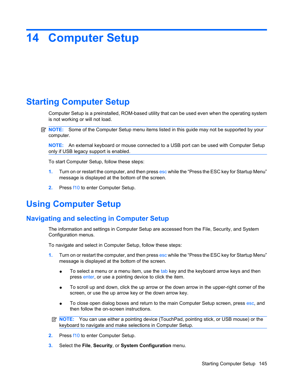 Computer setup, Starting computer setup, Using computer setup | Navigating and selecting in computer setup, 14 computer setup, Starting computer setup using computer setup | HP EliteBook 2540p Notebook PC User Manual | Page 157 / 173