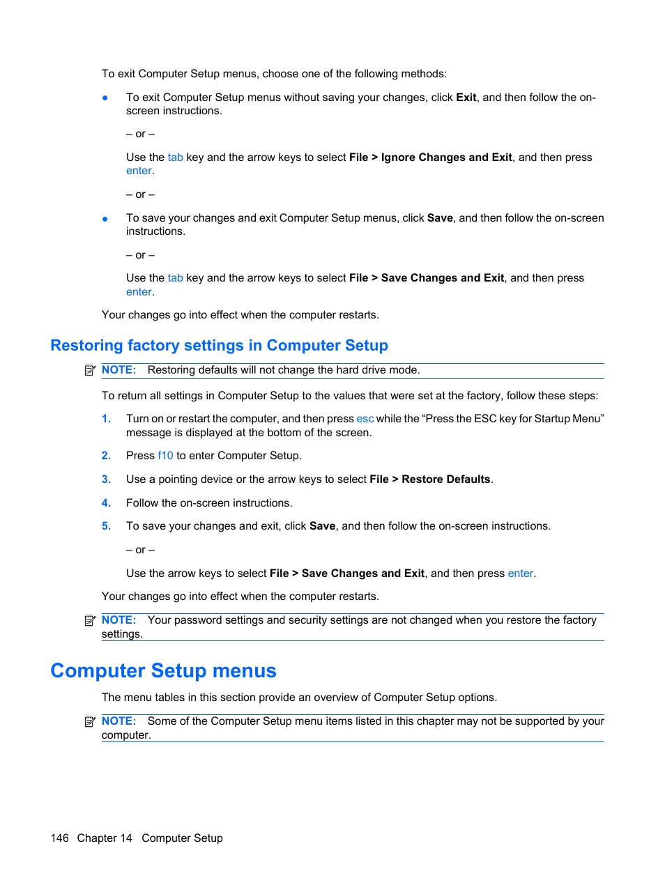 Restoring factory settings in computer setup, Computer setup menus | HP EliteBook 2540p Notebook PC User Manual | Page 158 / 173