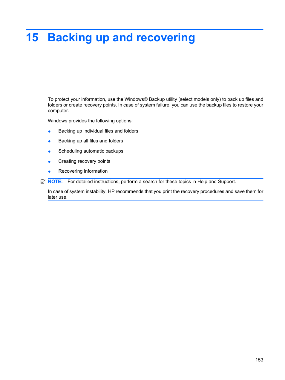 Backing up and recovering, 15 backing up and recovering | HP EliteBook 2540p Notebook PC User Manual | Page 165 / 173