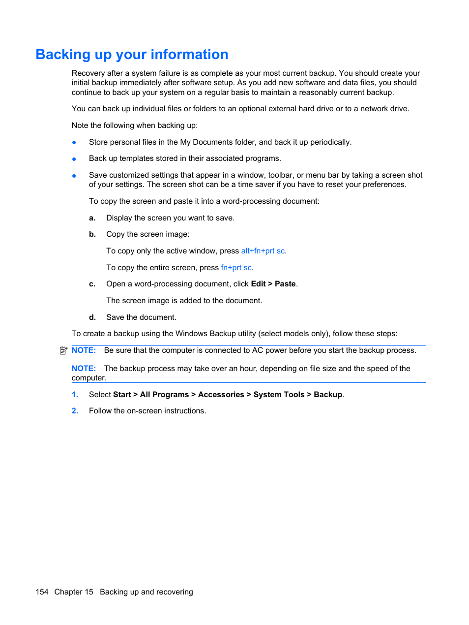 Backing up your information | HP EliteBook 2540p Notebook PC User Manual | Page 166 / 173