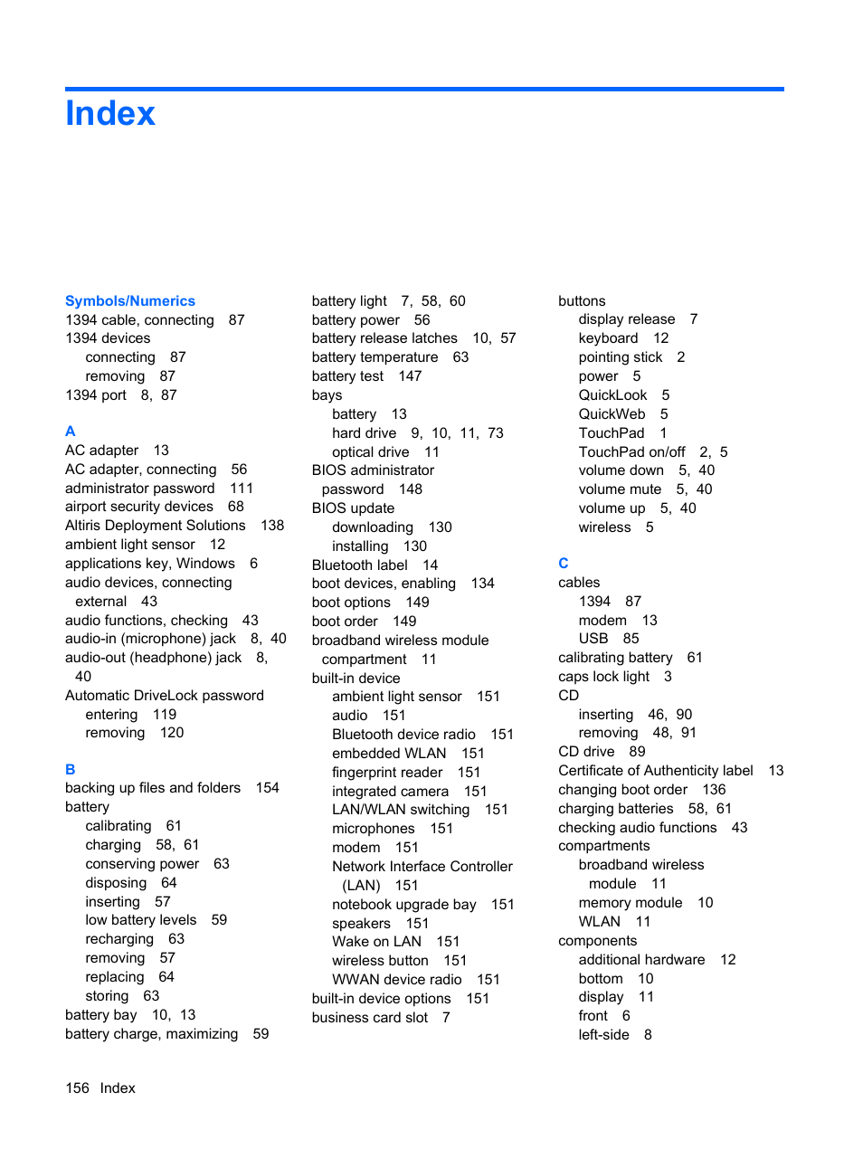 Index | HP EliteBook 2540p Notebook PC User Manual | Page 168 / 173