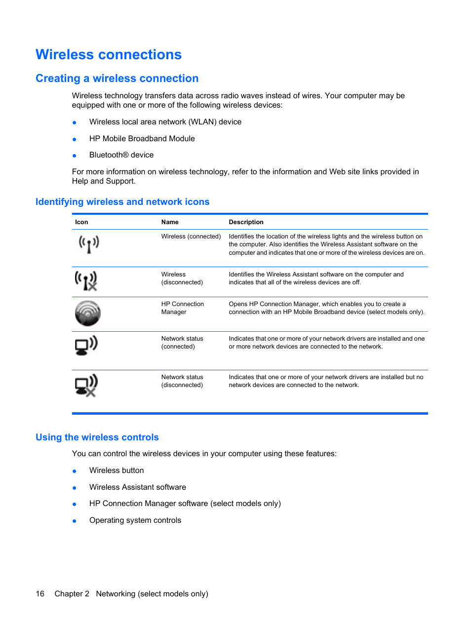 Wireless connections, Creating a wireless connection, Identifying wireless and network icons | Using the wireless controls | HP EliteBook 2540p Notebook PC User Manual | Page 28 / 173