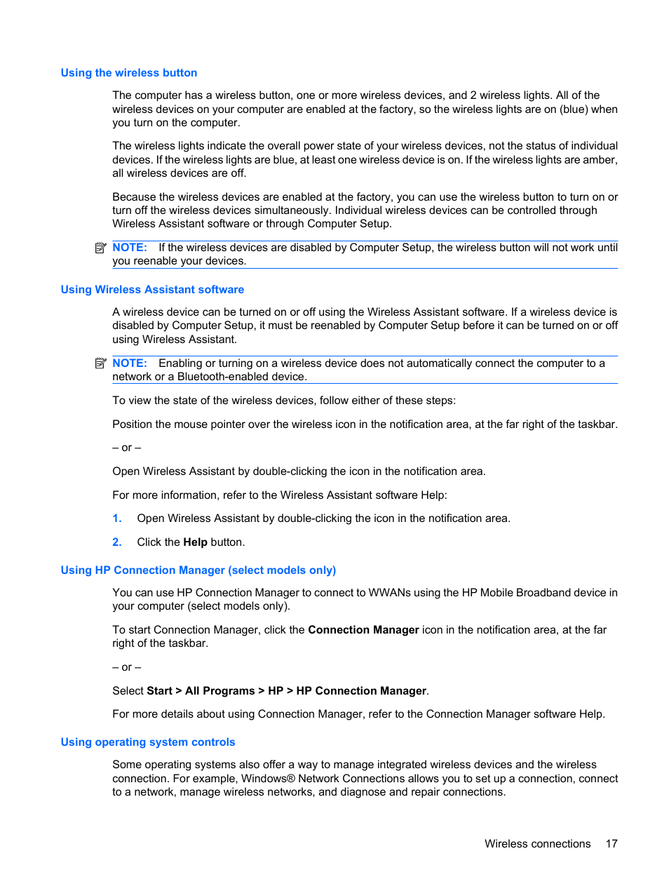 Using the wireless button, Using wireless assistant software, Using hp connection manager (select models only) | Using operating system controls | HP EliteBook 2540p Notebook PC User Manual | Page 29 / 173