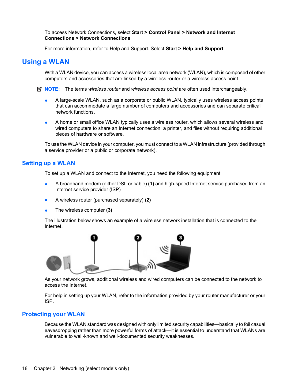 Using a wlan, Setting up a wlan, Protecting your wlan | Setting up a wlan protecting your wlan | HP EliteBook 2540p Notebook PC User Manual | Page 30 / 173