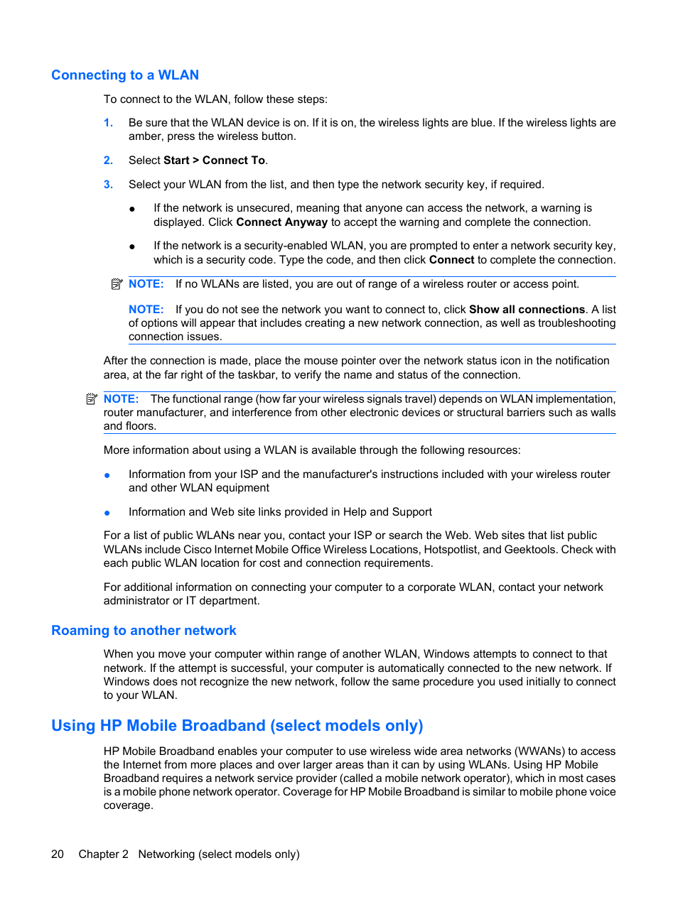 Connecting to a wlan, Roaming to another network, Using hp mobile broadband (select models only) | Connecting to a wlan roaming to another network | HP EliteBook 2540p Notebook PC User Manual | Page 32 / 173