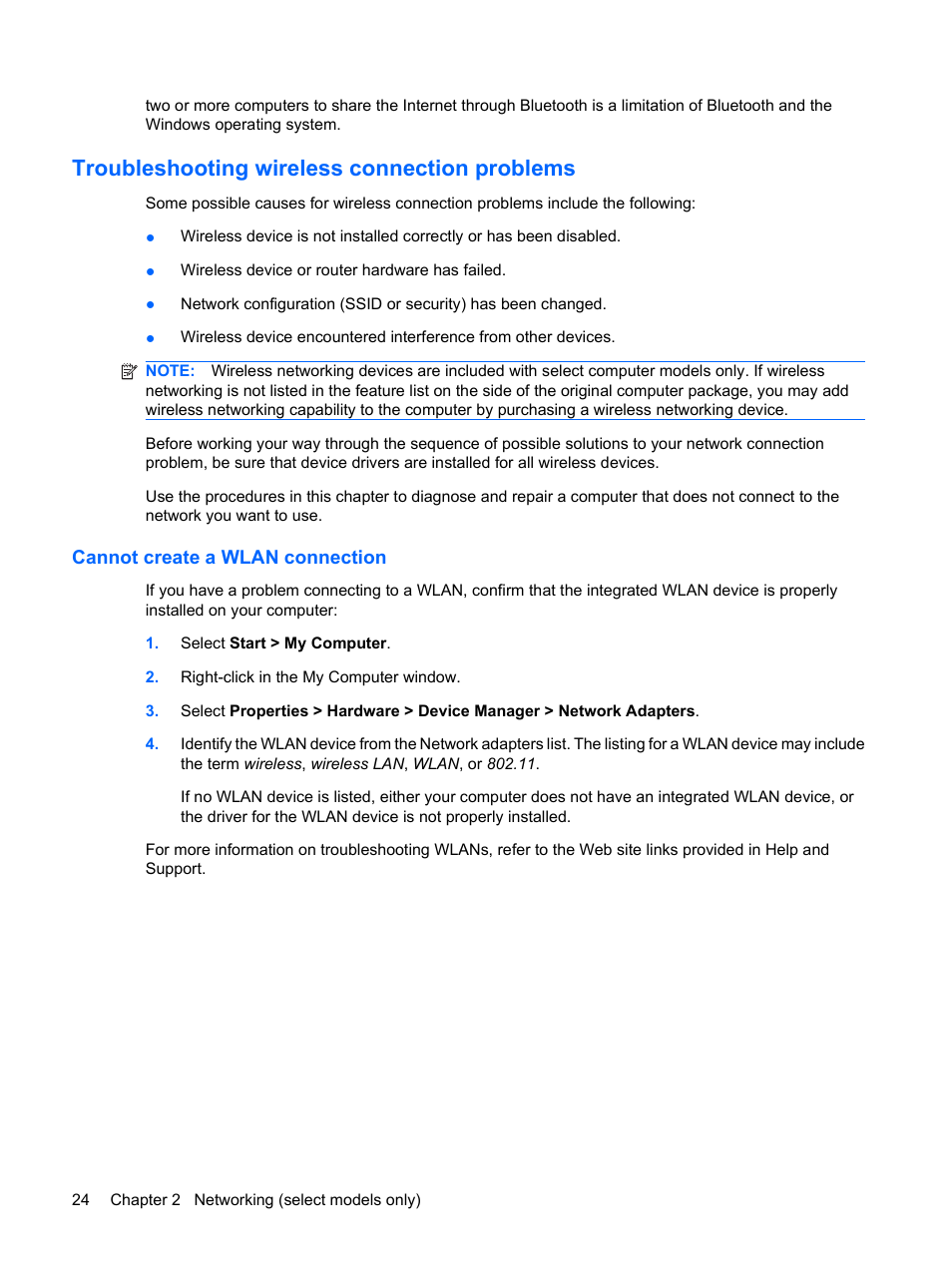 Troubleshooting wireless connection problems, Cannot create a wlan connection | HP EliteBook 2540p Notebook PC User Manual | Page 36 / 173