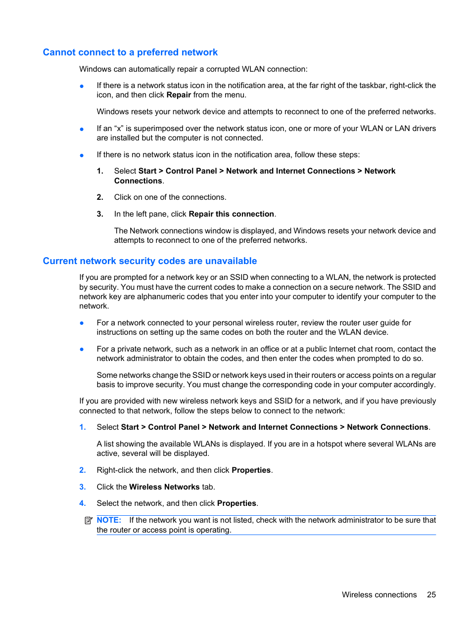 Cannot connect to a preferred network, Current network security codes are unavailable | HP EliteBook 2540p Notebook PC User Manual | Page 37 / 173