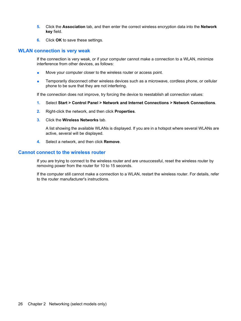 Wlan connection is very weak, Cannot connect to the wireless router | HP EliteBook 2540p Notebook PC User Manual | Page 38 / 173