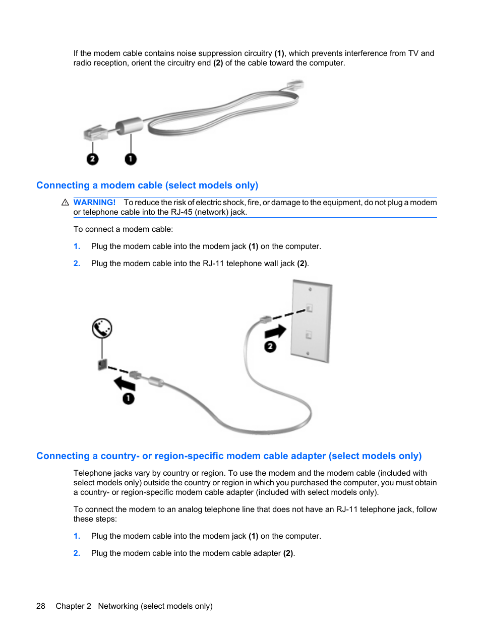 Connecting a modem cable (select models only) | HP EliteBook 2540p Notebook PC User Manual | Page 40 / 173