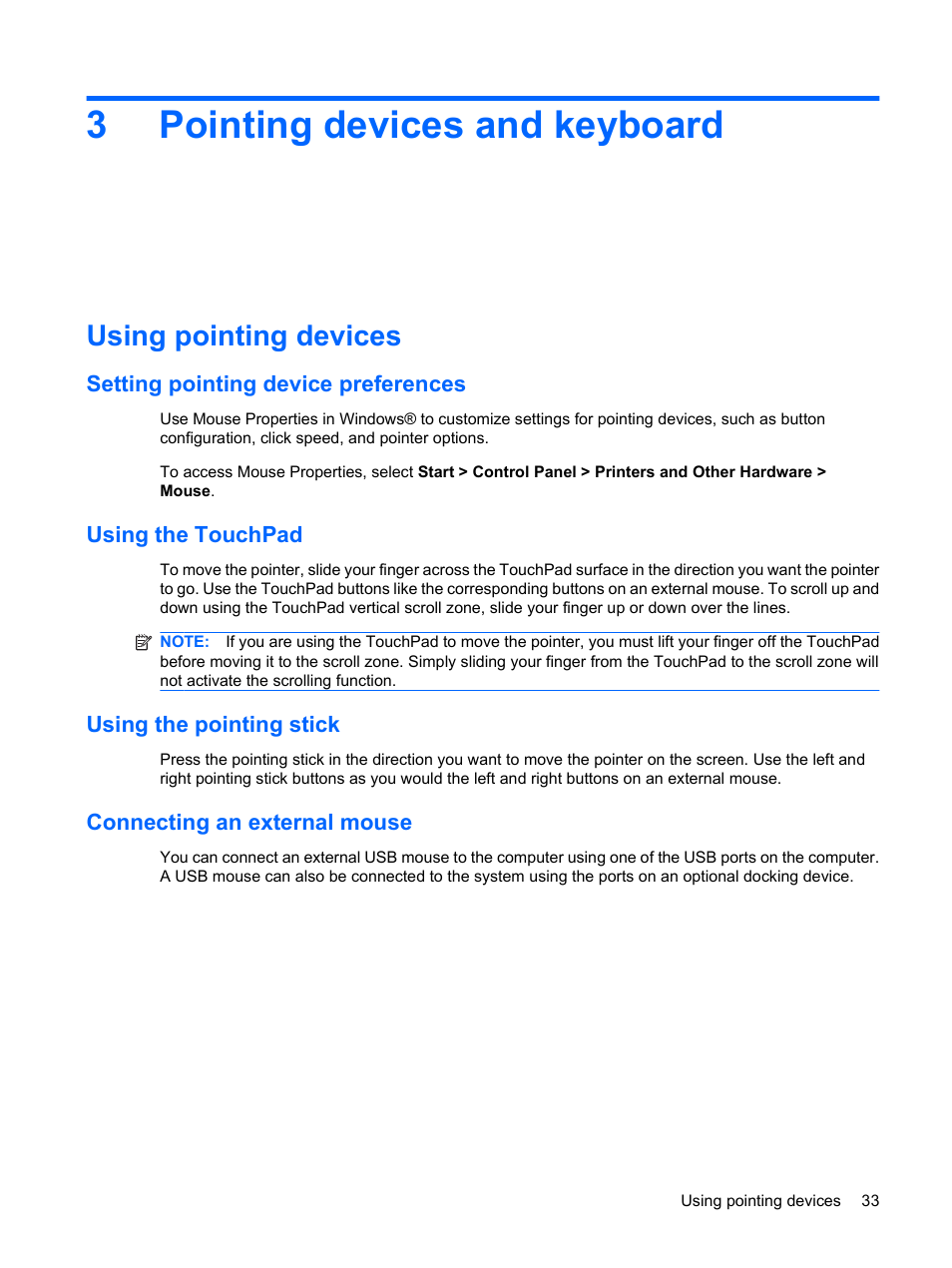 Pointing devices and keyboard, Using pointing devices, Setting pointing device preferences | Using the touchpad, Using the pointing stick, Connecting an external mouse, 3 pointing devices and keyboard, 3pointing devices and keyboard | HP EliteBook 2540p Notebook PC User Manual | Page 45 / 173