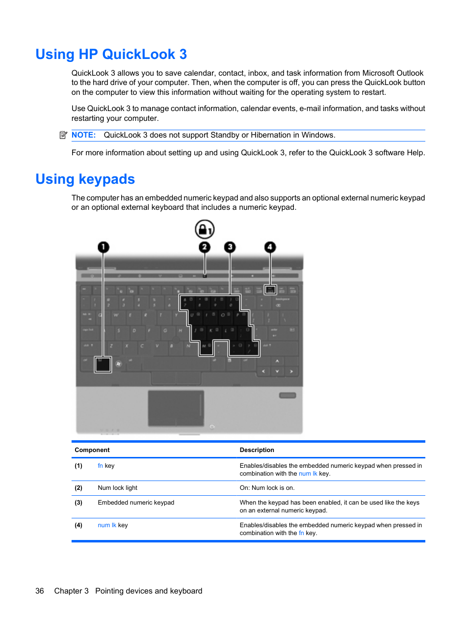Using hp quicklook 3, Using keypads, Using hp quicklook 3 using keypads | HP EliteBook 2540p Notebook PC User Manual | Page 48 / 173