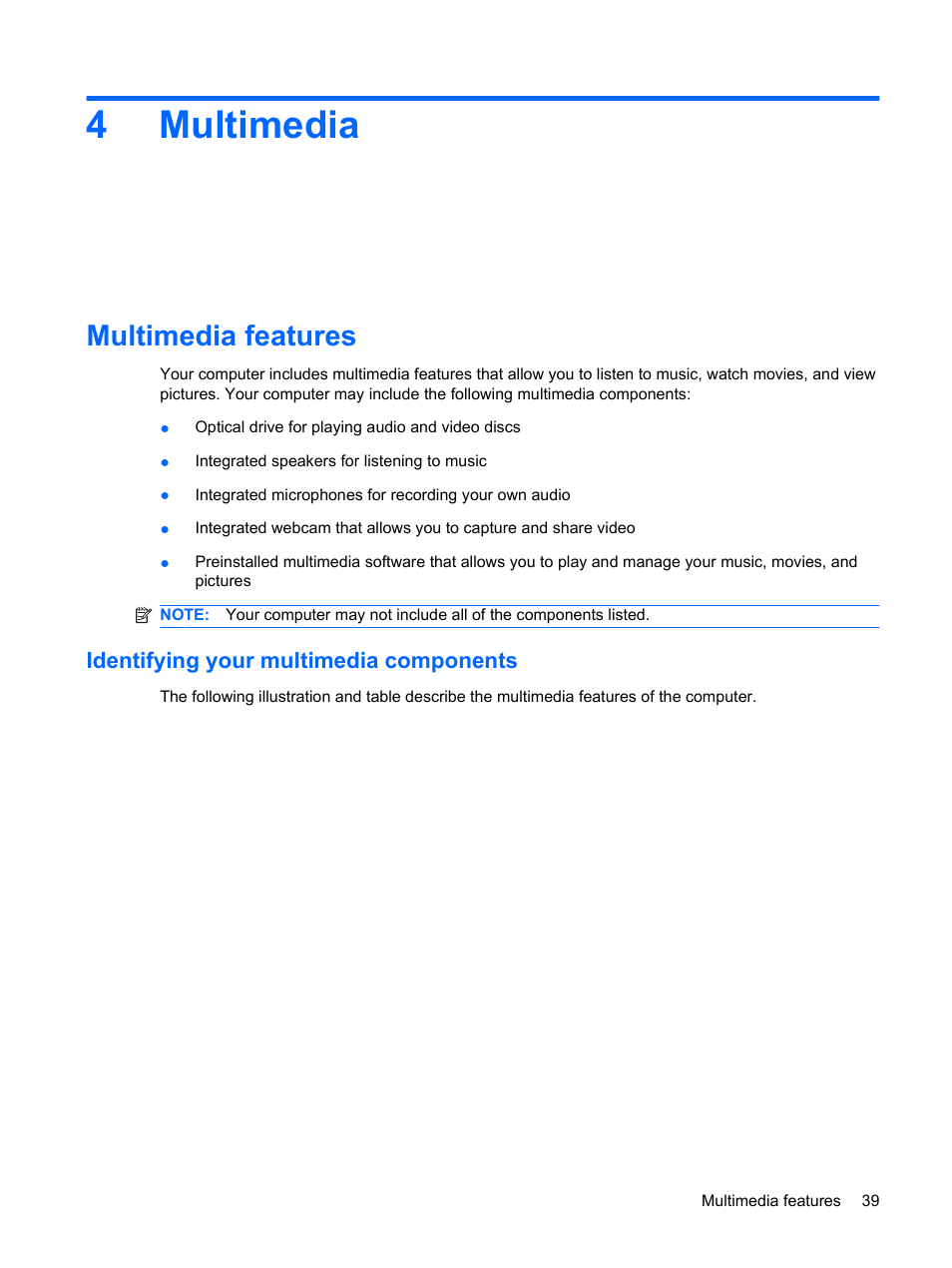 Multimedia, Multimedia features, Identifying your multimedia components | 4 multimedia, 4multimedia | HP EliteBook 2540p Notebook PC User Manual | Page 51 / 173