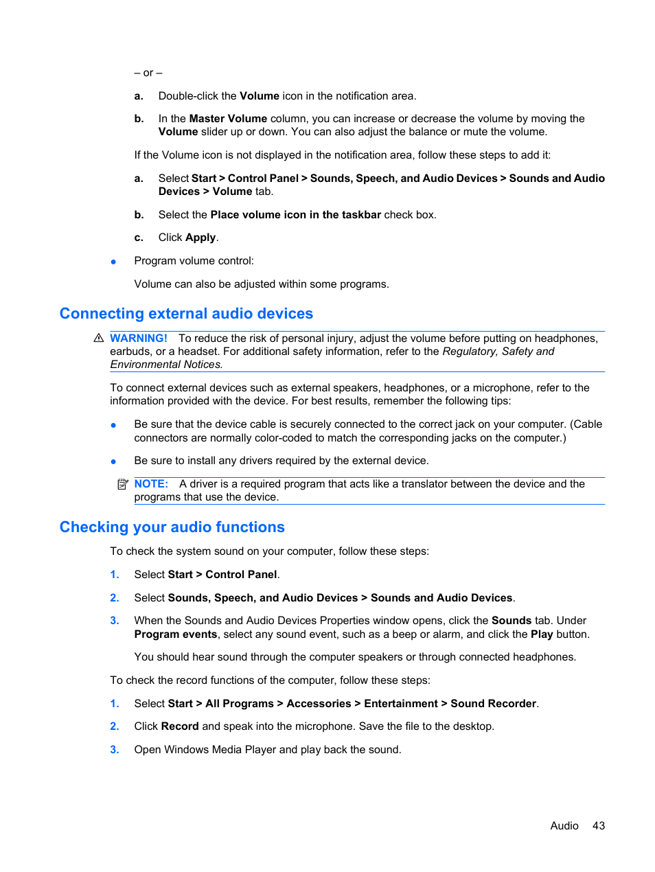 Connecting external audio devices, Checking your audio functions | HP EliteBook 2540p Notebook PC User Manual | Page 55 / 173