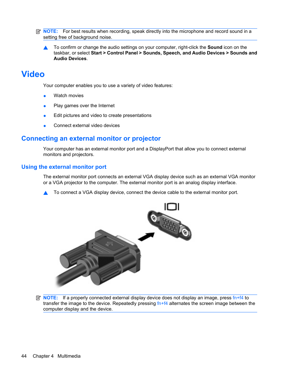 Video, Connecting an external monitor or projector, Using the external monitor port | HP EliteBook 2540p Notebook PC User Manual | Page 56 / 173