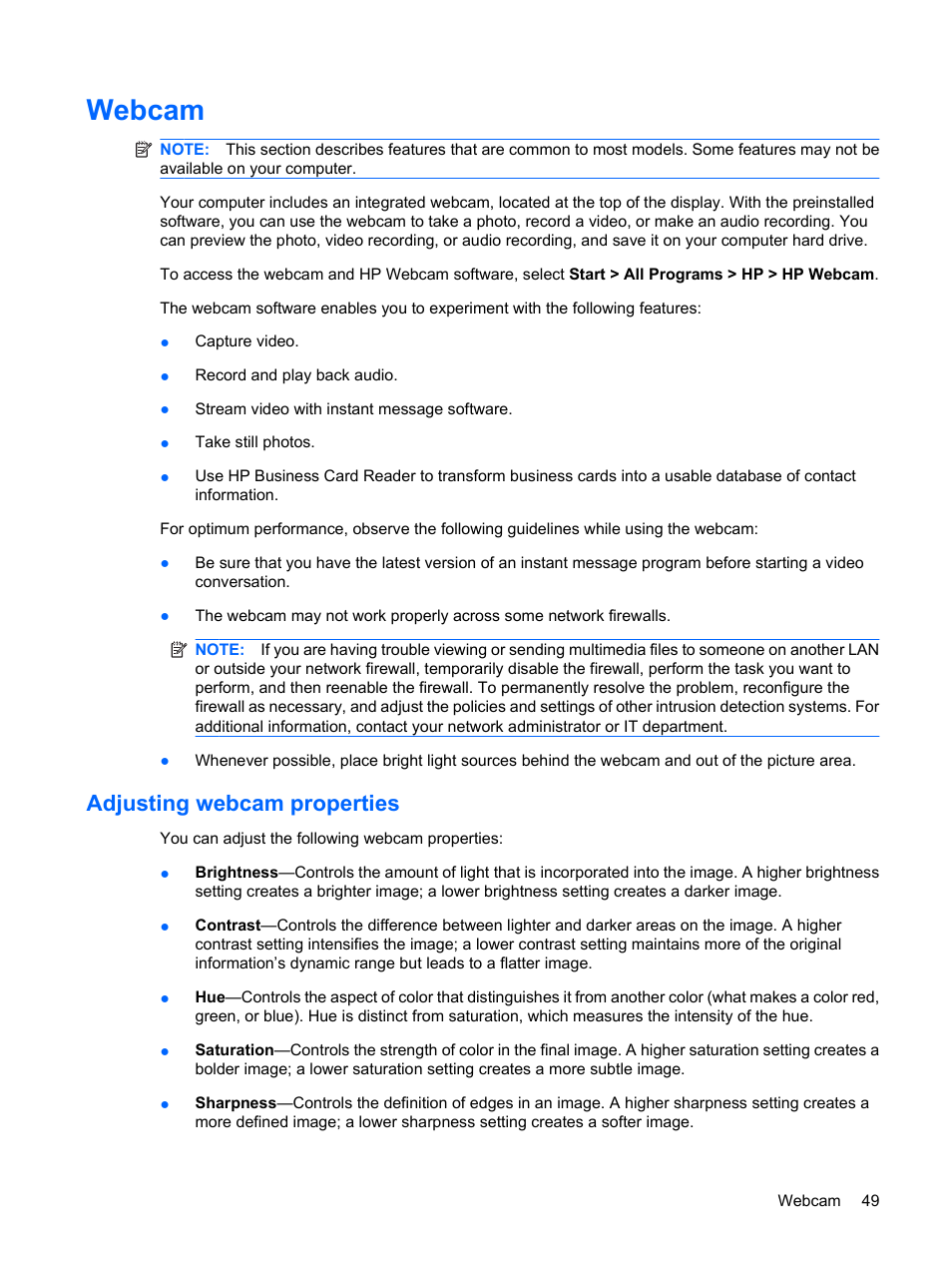 Webcam, Adjusting webcam properties | HP EliteBook 2540p Notebook PC User Manual | Page 61 / 173