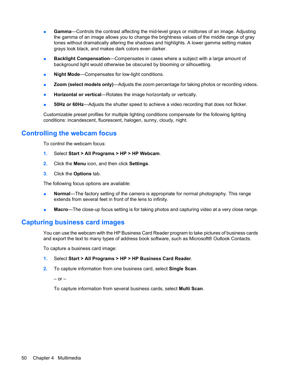 Controlling the webcam focus, Capturing business card images | HP EliteBook 2540p Notebook PC User Manual | Page 62 / 173