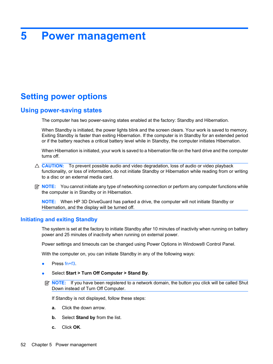 Power management, Setting power options, Using power-saving states | Initiating and exiting standby, 5 power management, 5power management | HP EliteBook 2540p Notebook PC User Manual | Page 64 / 173