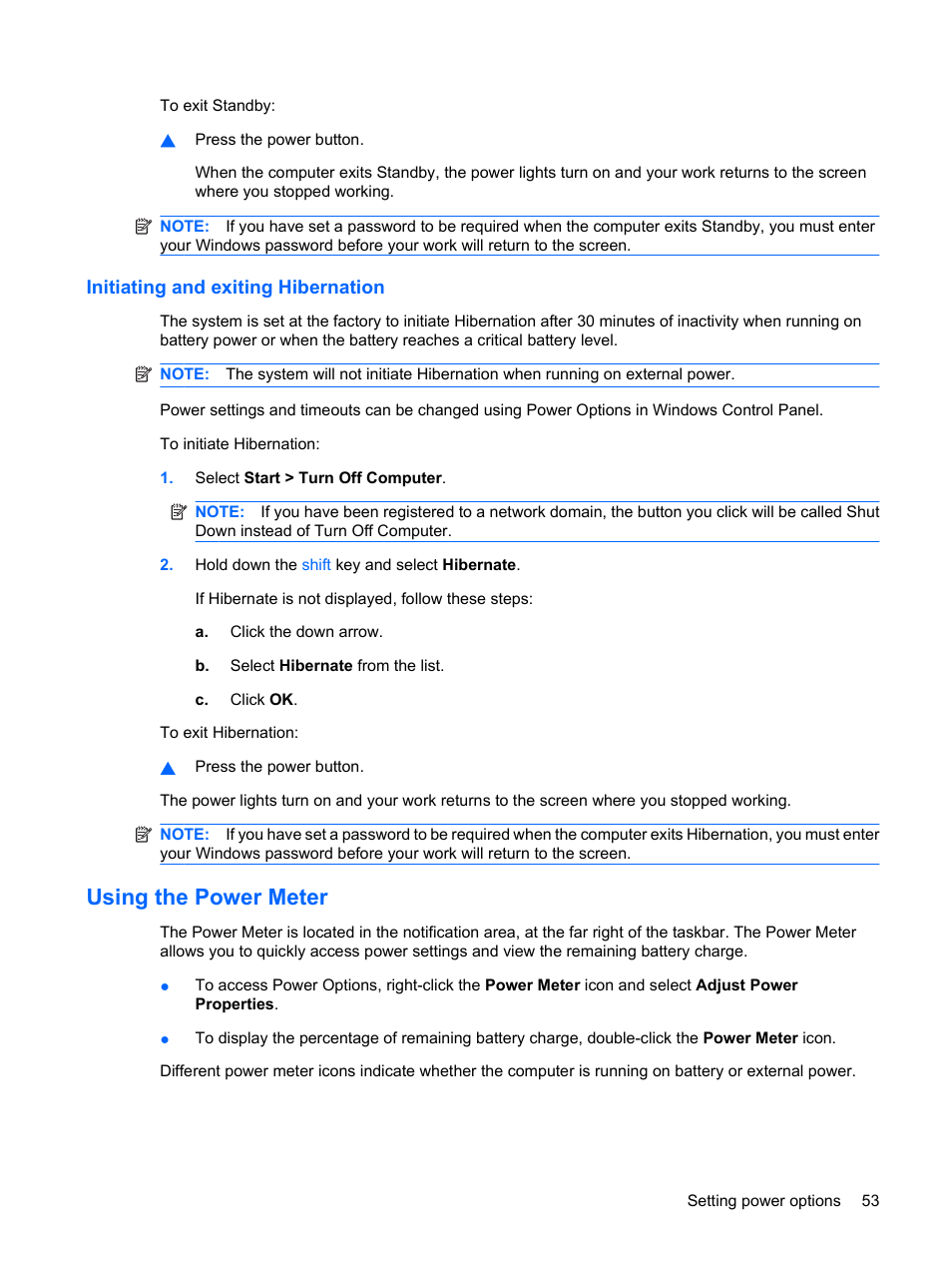 Initiating and exiting hibernation, Using the power meter | HP EliteBook 2540p Notebook PC User Manual | Page 65 / 173