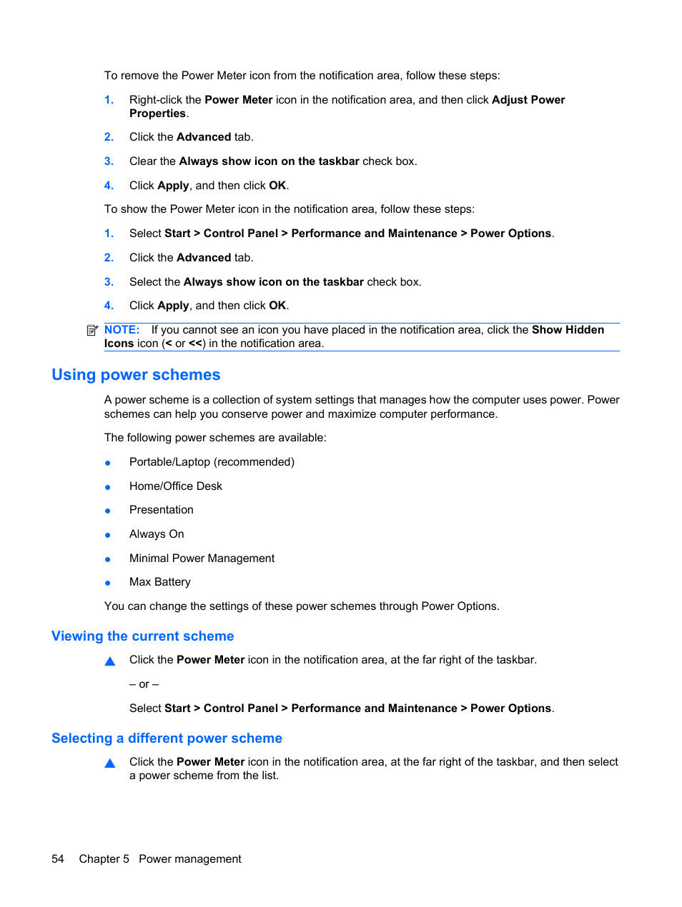 Using power schemes, Viewing the current scheme, Selecting a different power scheme | HP EliteBook 2540p Notebook PC User Manual | Page 66 / 173