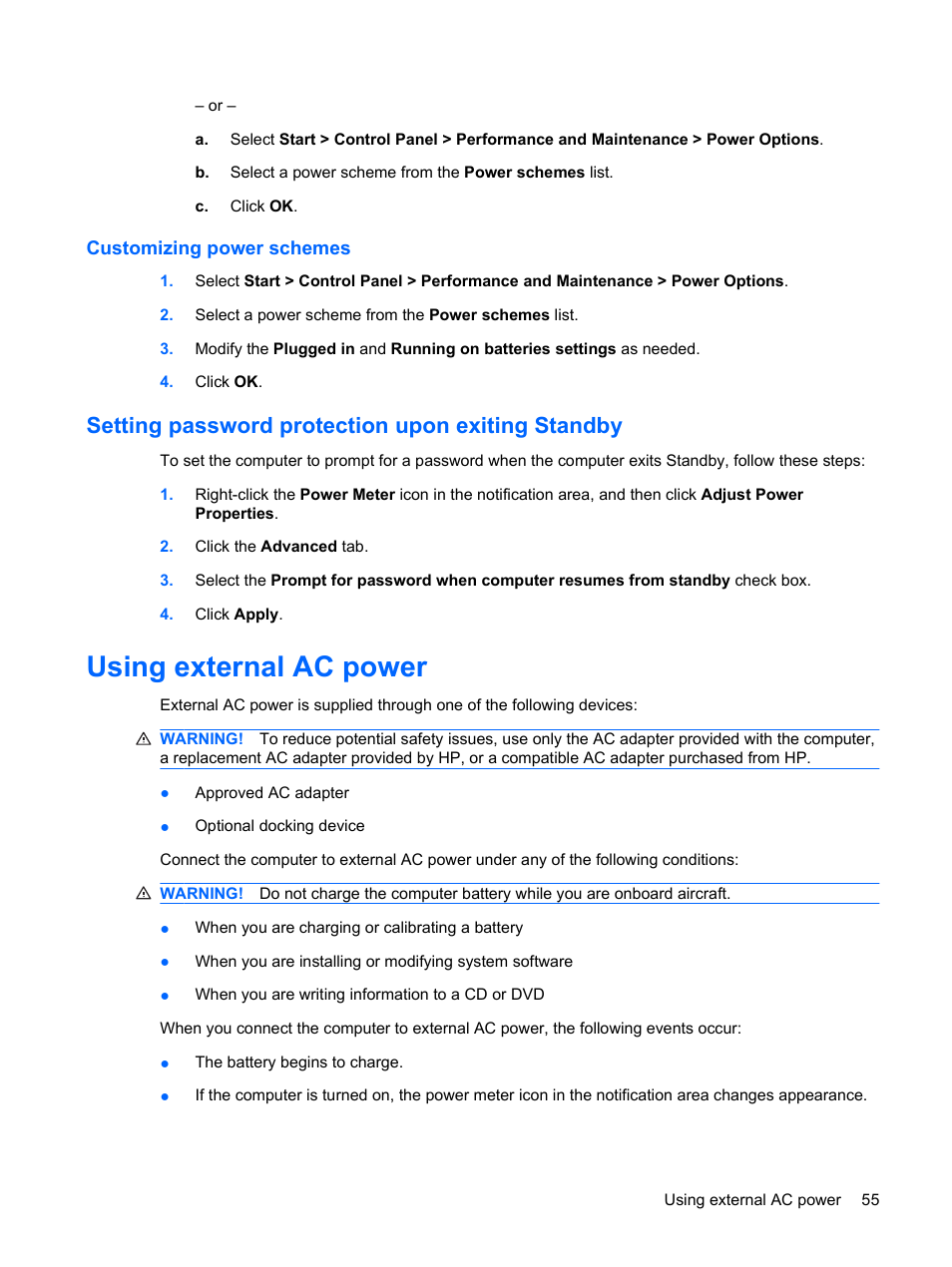 Customizing power schemes, Setting password protection upon exiting standby, Using external ac power | HP EliteBook 2540p Notebook PC User Manual | Page 67 / 173