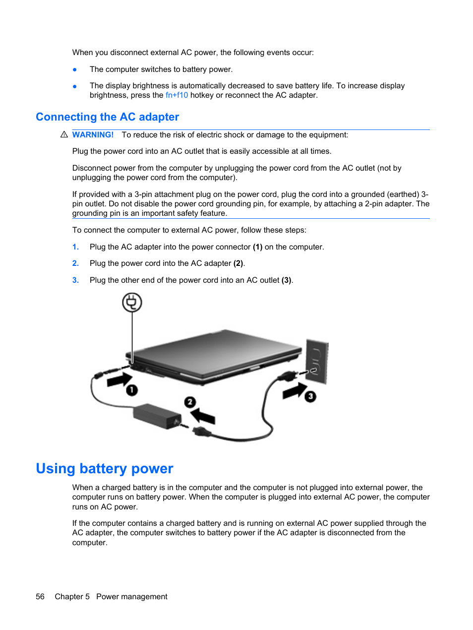 Connecting the ac adapter, Using battery power | HP EliteBook 2540p Notebook PC User Manual | Page 68 / 173