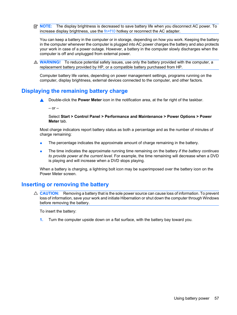 Displaying the remaining battery charge, Inserting or removing the battery | HP EliteBook 2540p Notebook PC User Manual | Page 69 / 173