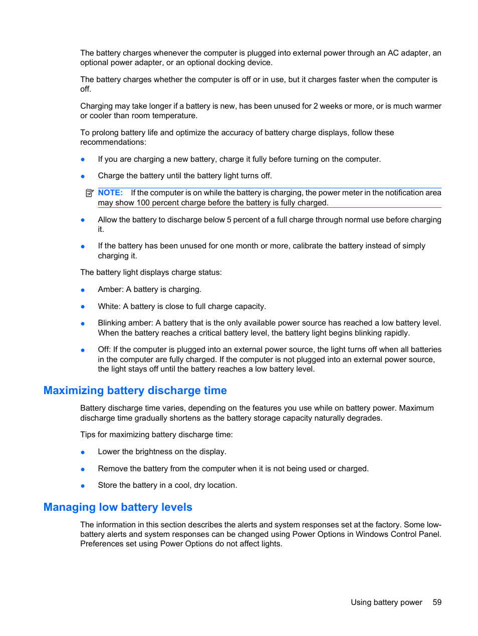 Maximizing battery discharge time, Managing low battery levels | HP EliteBook 2540p Notebook PC User Manual | Page 71 / 173