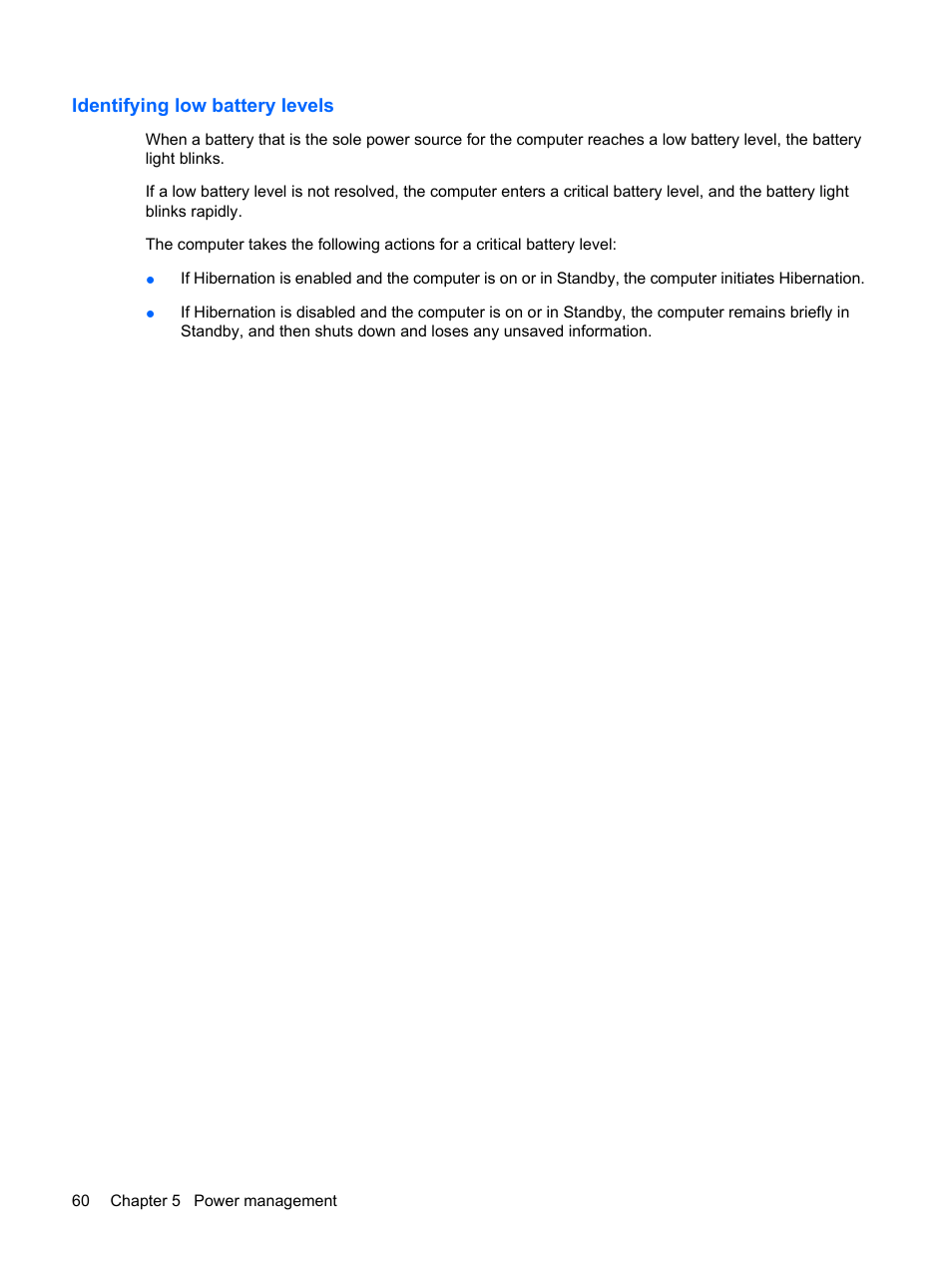 Identifying low battery levels | HP EliteBook 2540p Notebook PC User Manual | Page 72 / 173