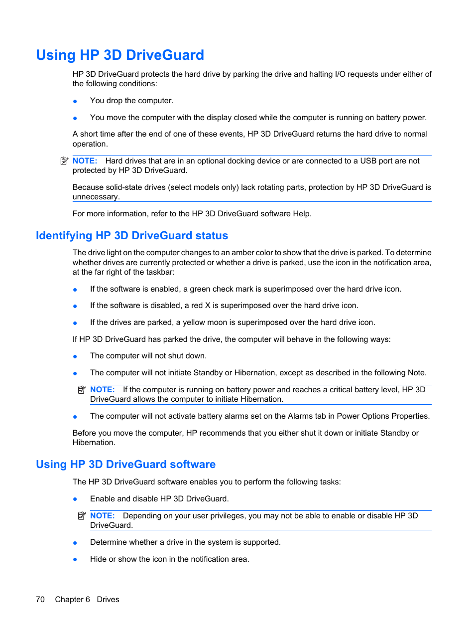 Using hp 3d driveguard, Identifying hp 3d driveguard status, Using hp 3d driveguard software | HP EliteBook 2540p Notebook PC User Manual | Page 82 / 173