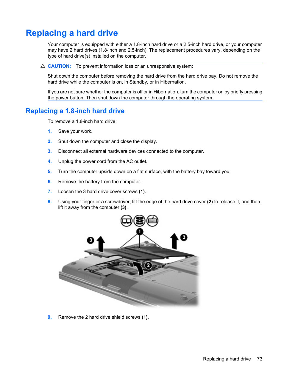 Replacing a hard drive, Replacing a 1.8-inch hard drive | HP EliteBook 2540p Notebook PC User Manual | Page 85 / 173