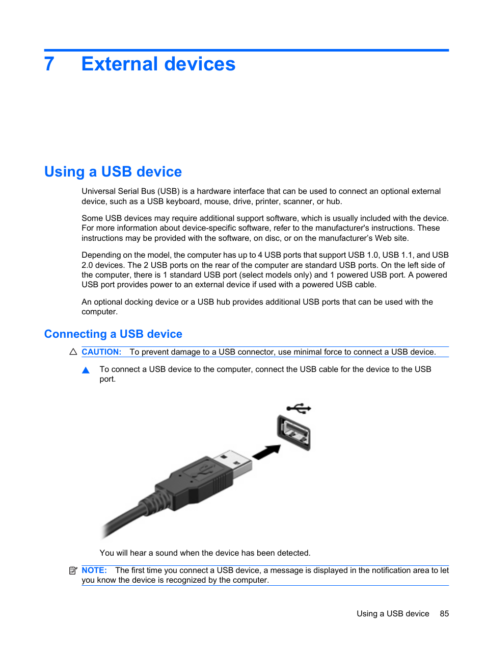 External devices, Using a usb device, Connecting a usb device | 7 external devices, 7external devices | HP EliteBook 2540p Notebook PC User Manual | Page 97 / 173