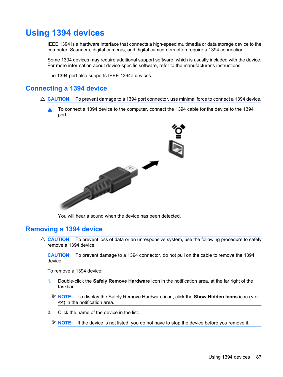 Using 1394 devices, Connecting a 1394 device, Removing a 1394 device | Connecting a 1394 device removing a 1394 device | HP EliteBook 2540p Notebook PC User Manual | Page 99 / 173